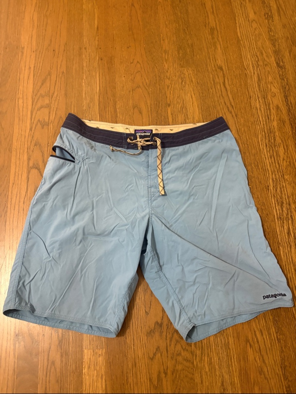 Patagonia Light Blue Men's Swim Board Shorts with Navy Waistband - size 36